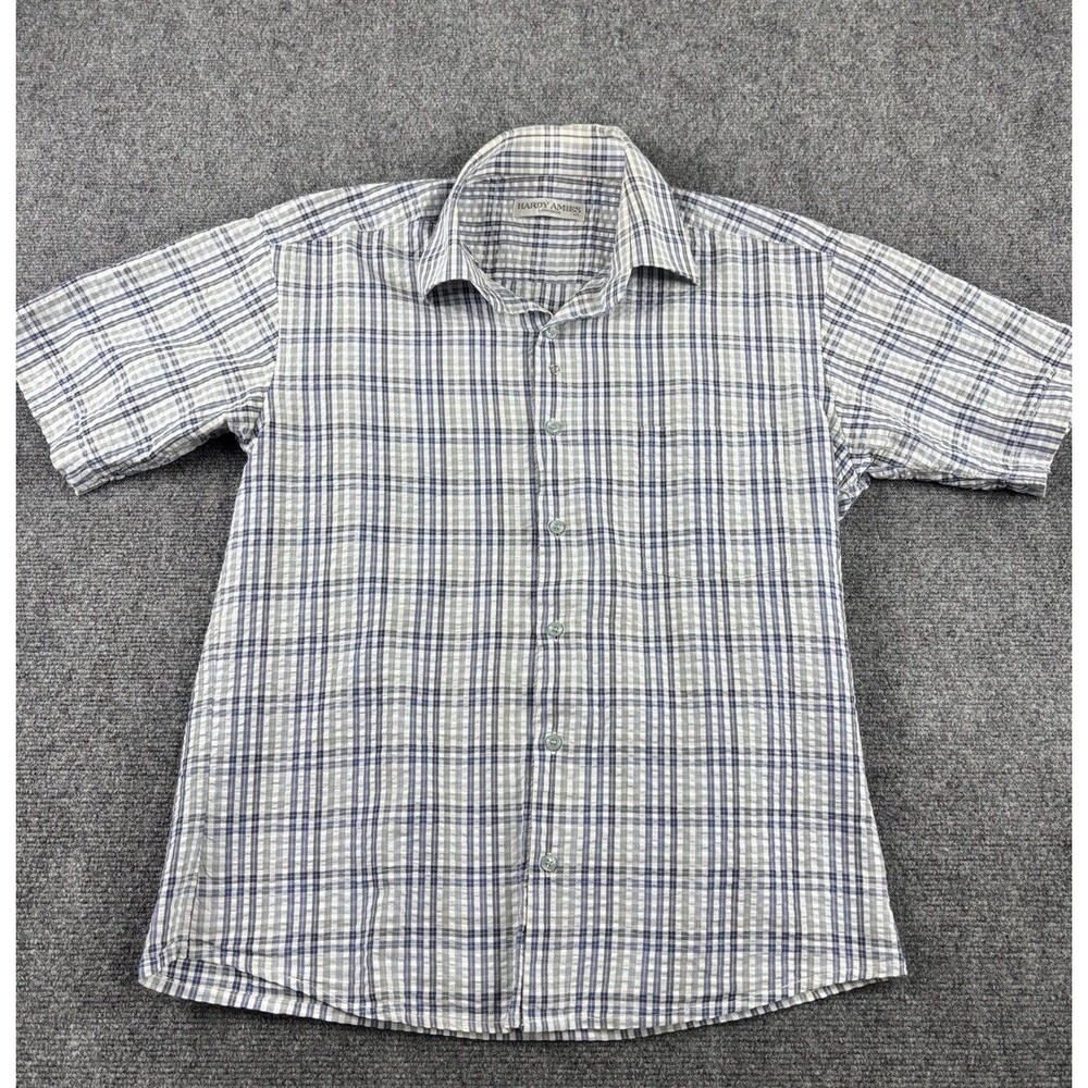 Hardy Amies Mens 105 Shirt Blue Plaid Seersucker Short Sleeve